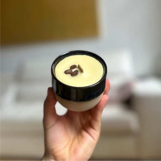 Coffee cup candle in reusable ceramic cup with wood wick