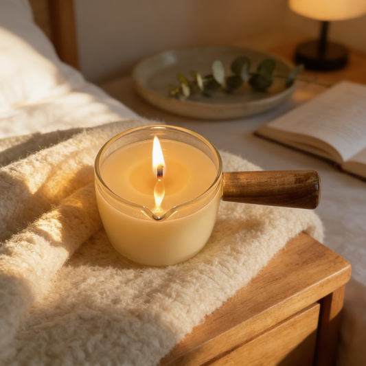 Moisturizing Massage Candle in a glass holder on a soft blanket, with a plate and book in the background.