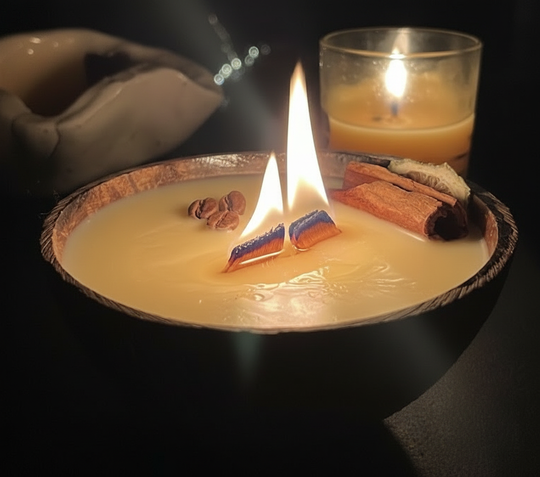 Wood wick scented candle in a coconut shell. Beeswax & Coconut Wax - CocoBee.