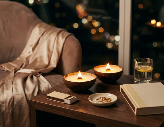 Candlelit scene with a book, glass of water, and snacks on a table by a window at night.