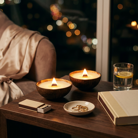 Candlelit scene with a book, glass of water, and snacks on a table by a window at night.