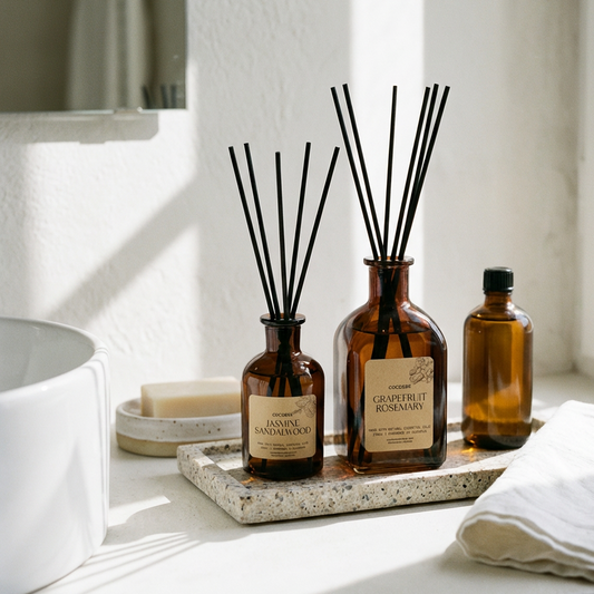 Three brown bottles with reed diffusers on a tray in a bathroom setting.