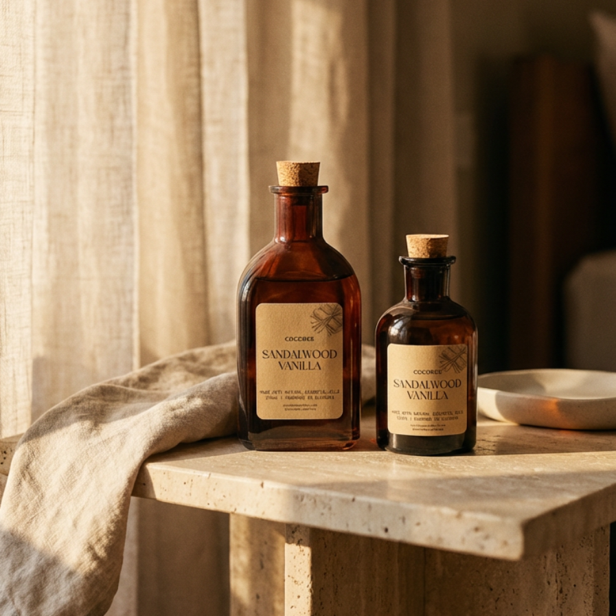 Two sandalwood vanilla diffusers on a wooden table with a blurred background