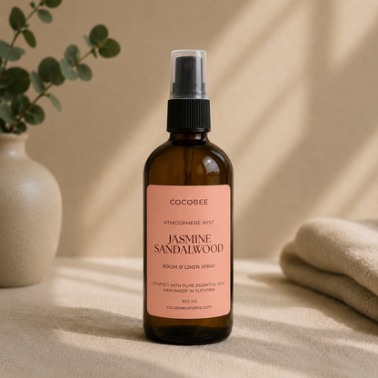 CocoBee Jasmine Sandalwood room and linen spray styled with linen and eucalyptus