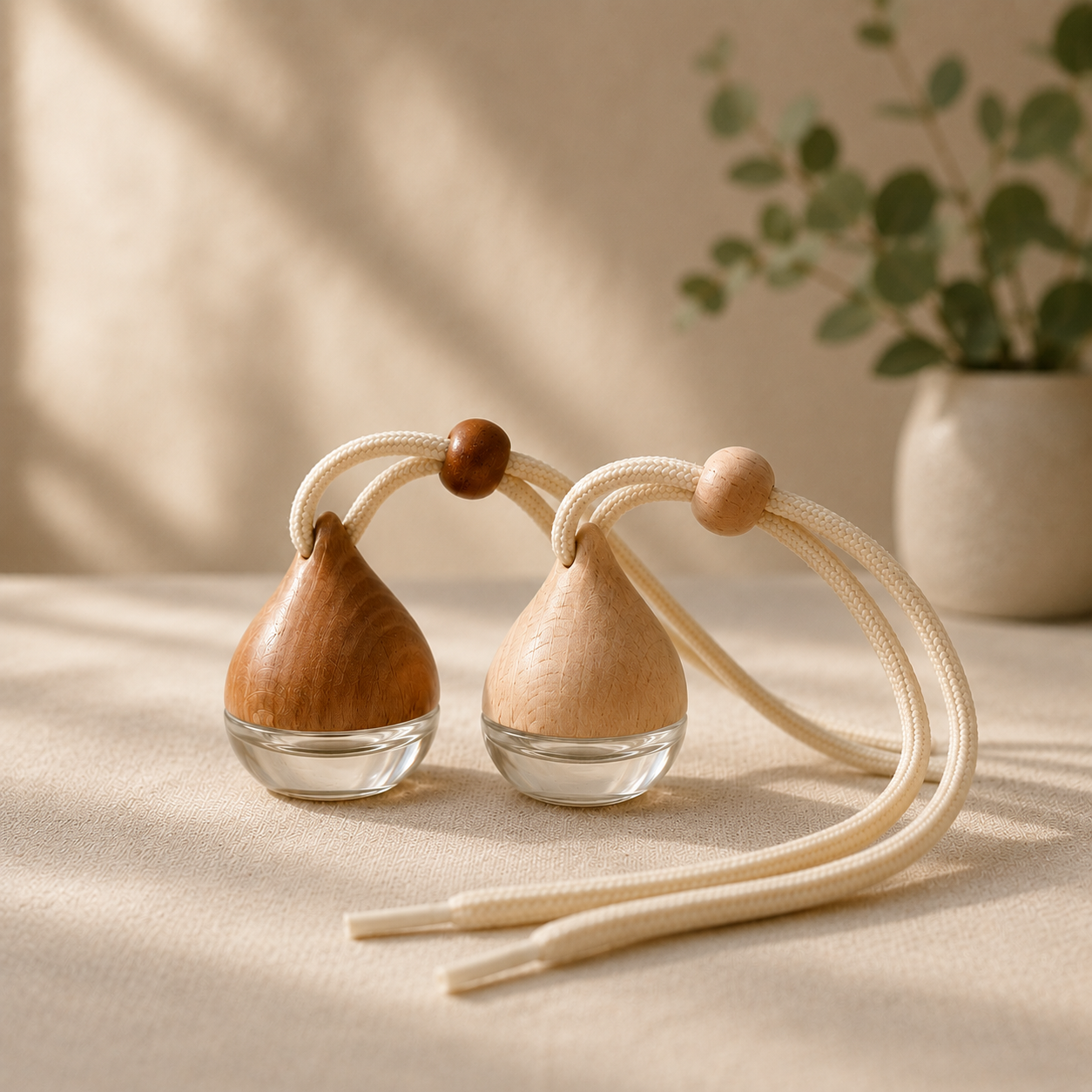Two portable diffusers in glass bottles with wooden lids and cotton cords