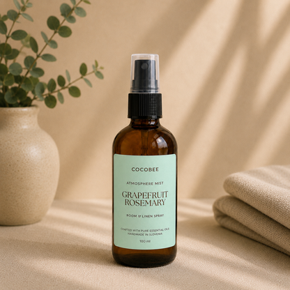 CocoBee Grapefruit Rosemary room and linen spray in an amber bottle