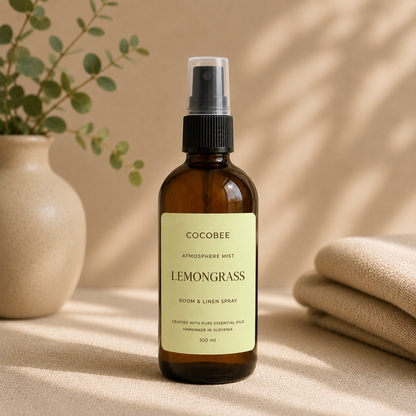 CocoBee Lemongrass room and linen spray in an amber bottle