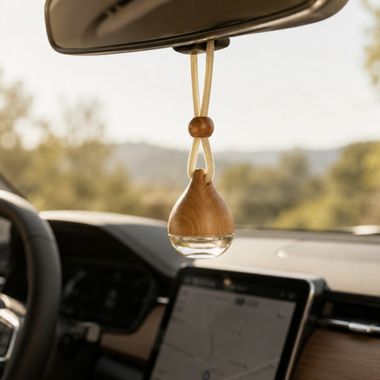 A wooden car air freshener hanging ornament suspended from a rearview mirror inside a vehicle, with a dashboard screen and blurred outdoor scenery in the background.