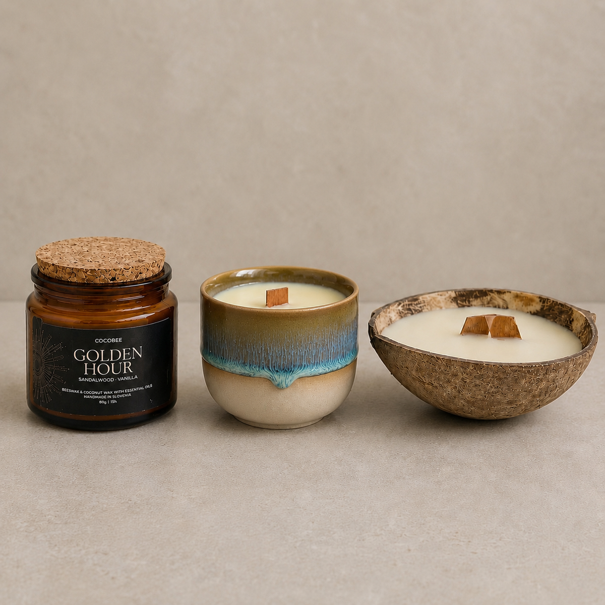 CocoBee Woodfire Collection con Sunset Ritual, Coffee Candle y Coconut Candle