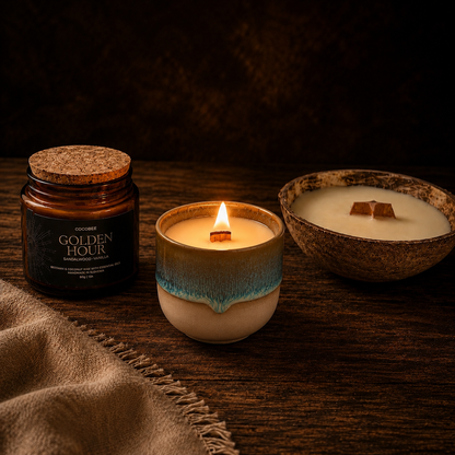 A cozy candle arrangement on a dark wooden surface: an amber glass jar labeled 'Golden Hour' with a cork lid, a lit ceramic candle in a beige and teal glazed holder, and a white candle in a rustic bowl with wooden wicks. A beige cloth is draped in the foreground.