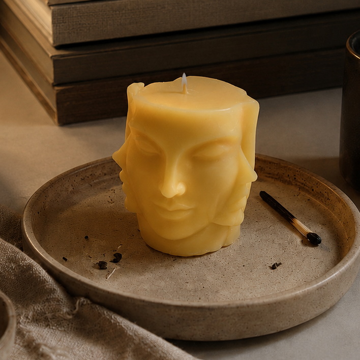 Candle shaped like a face on a textured surface with books and other items in the background
