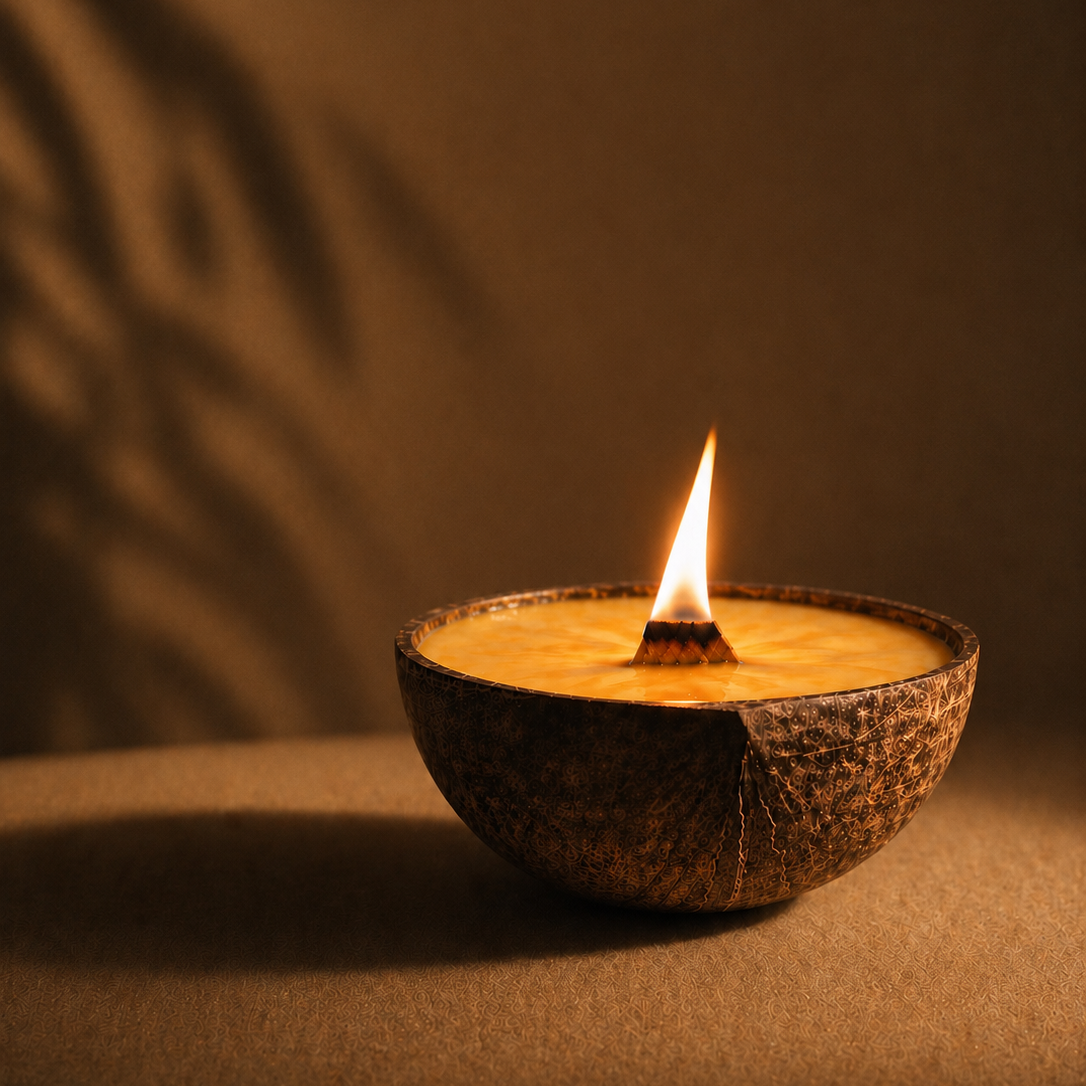 A lit CocoBee candle in a textured coconut shell holder with a wooden wick, casting a warm glow and shadow on a dark brown background.