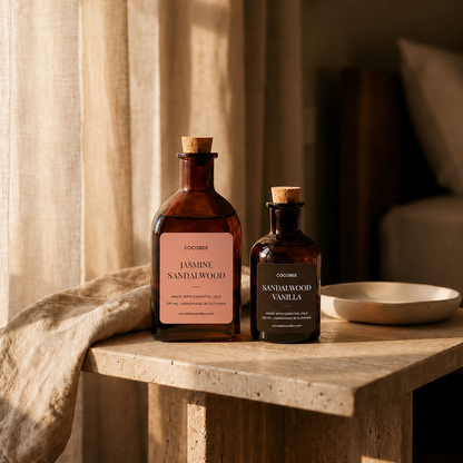 Two amber glass bottles of COCOBEE vanilla extract, one larger bottle labeled Jasmine Sandalwood and one smaller bottle labeled Sandalwood Vanilla, displayed on a rustic stone side table next to a linen throw and a ceramic dish in a warm, softly lit bedroom setting.