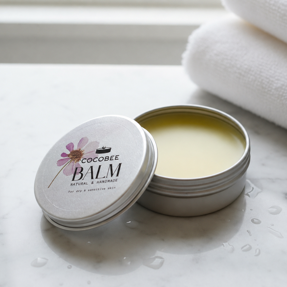Cocobee balm in a tin with a white towel in the background on a marble surface