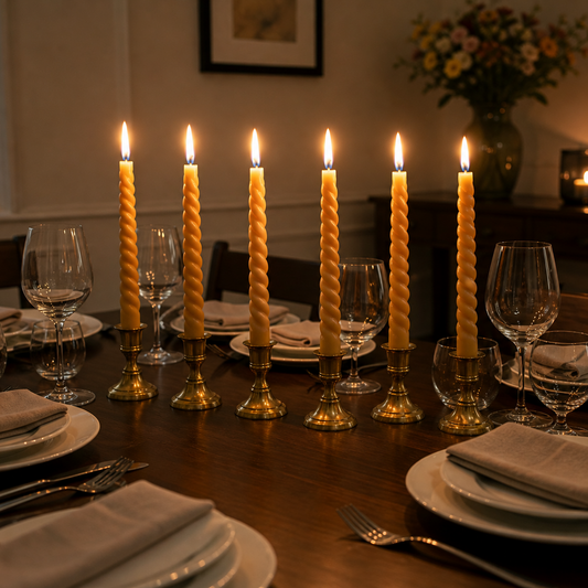 Dining table set for a meal with lit candles, glasses, and plates.