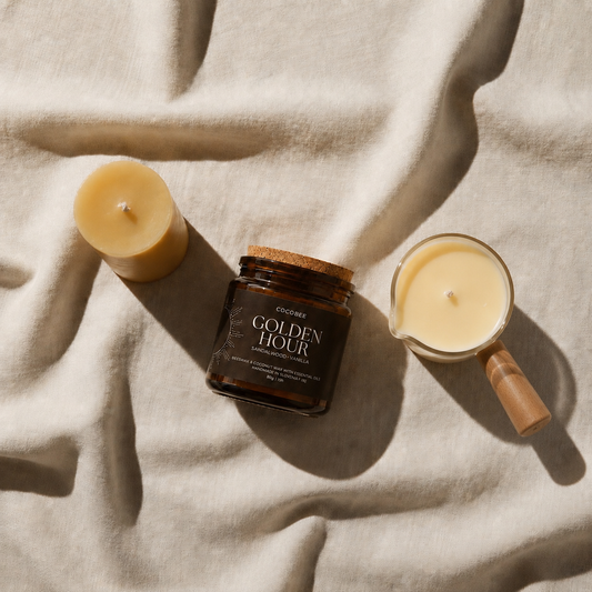 Jar of 'Golden Hour' candle and two candles on a textured beige surface