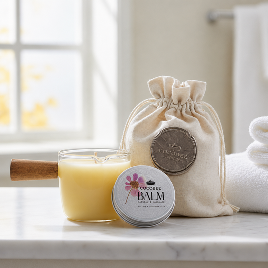 Cosmetic products including a jar, a tin, and a bag on a marble surface with a towel in the background.