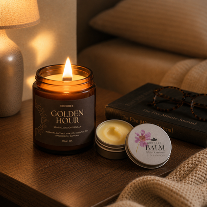 Candle labeled 'Golden Hour' and balm on a wooden surface with soft lighting