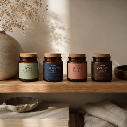 Four candles with labeled names on a wooden shelf with a neutral background