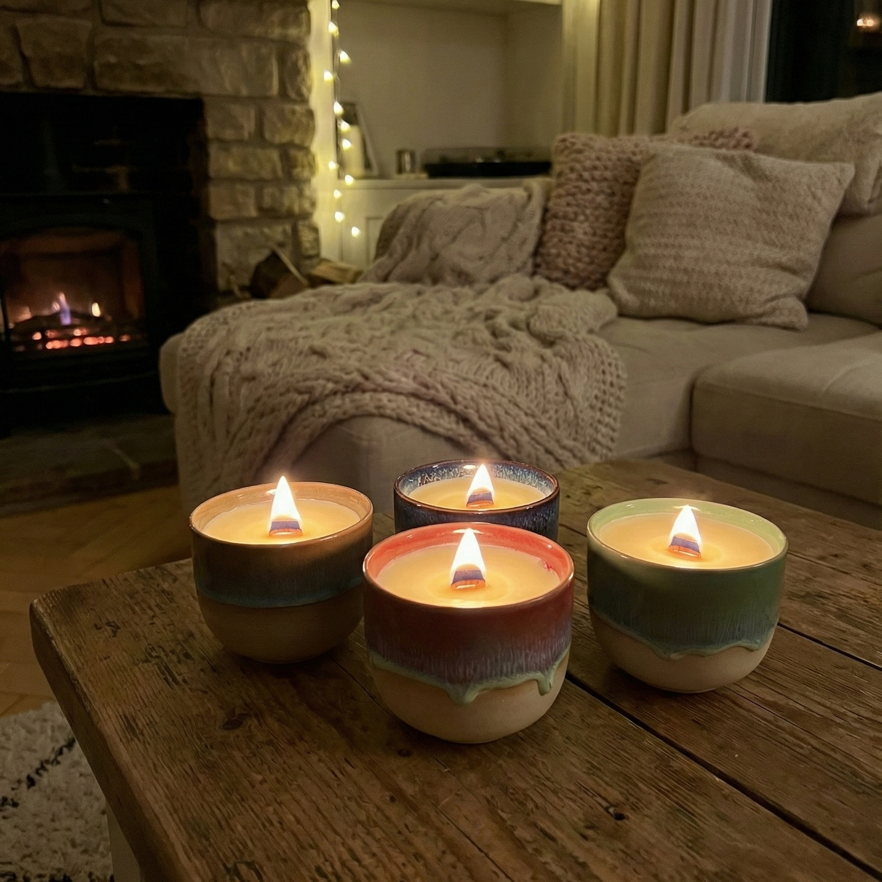 Wood wick candles in glazed ceramic cups, made out of beeswax and coconut wax in a cozy fireplace setting