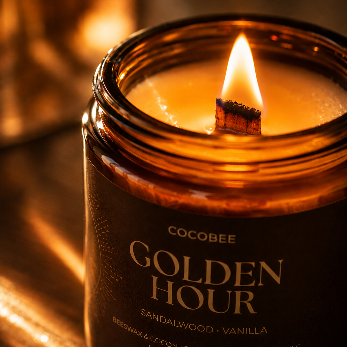Cocobee Golden Hour candle with sandalwood and vanilla fragrance on a wooden surface.