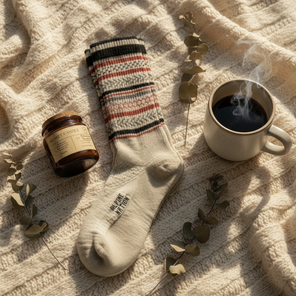 Pair of striped merino socks with a mug of steaming coffee and a candle jar on a textured surface.