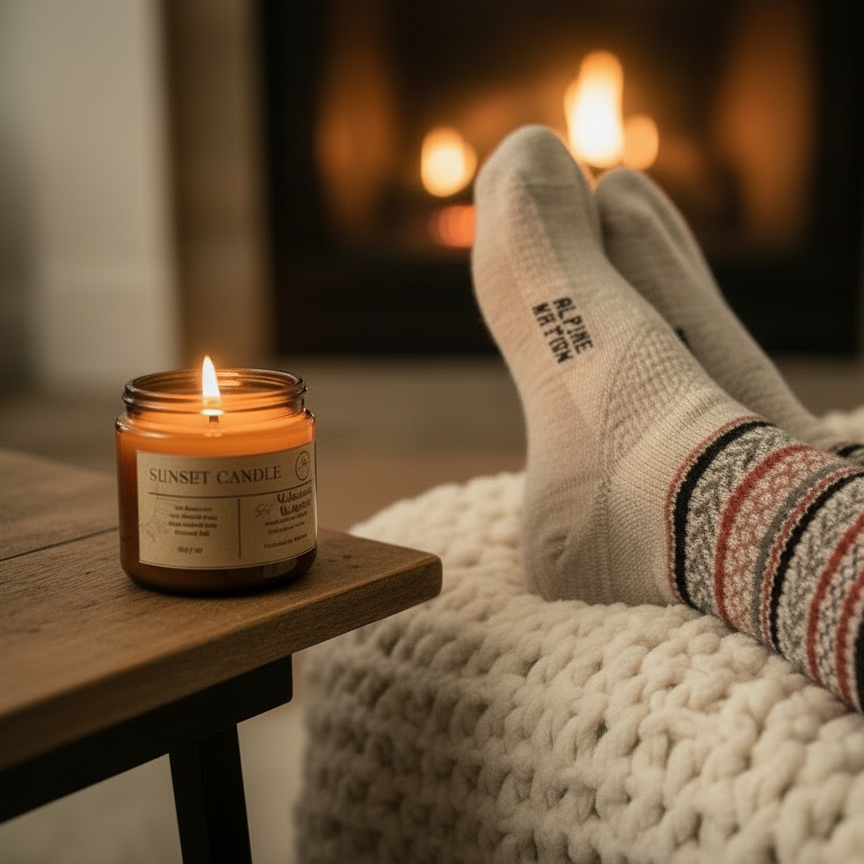 Candle on a table with feet in patterned socks by a fireplace