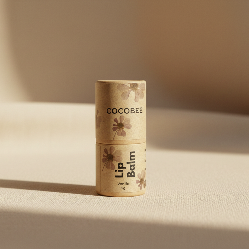 Cocobee lip balm on a beige surface with a soft background