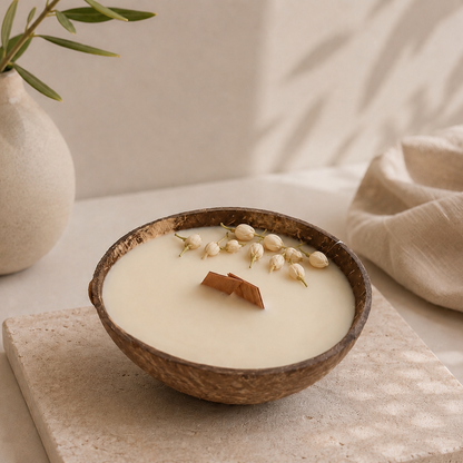 A creamy off-white candle in a rustic brown woven bowl, decorated with small white flower buds and a cinnamon stick, set on a stone tile with a beige ceramic vase and draped fabric in the background.