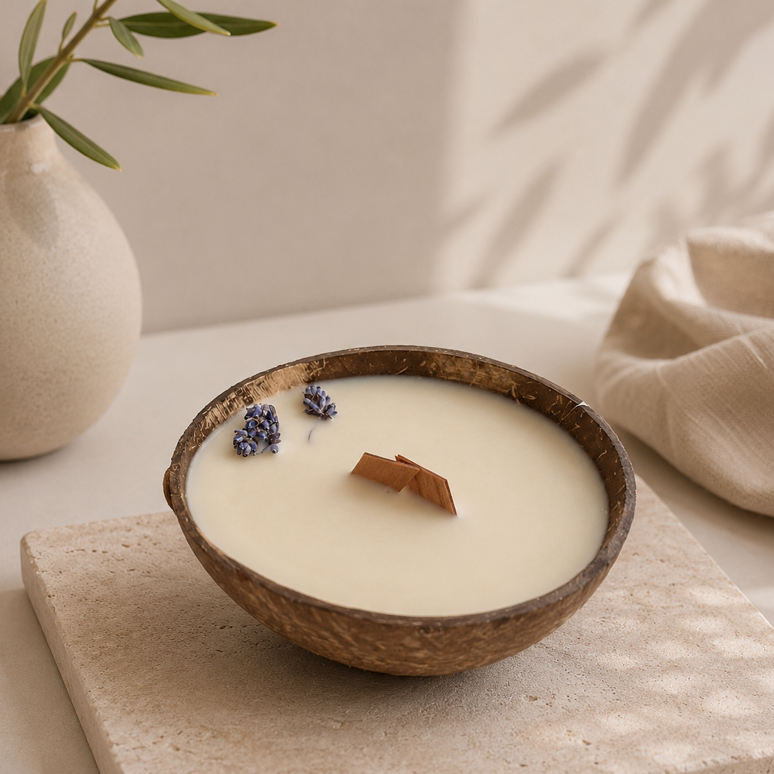 A rustic coconut bowl candle filled with creamy beeswax & coconut wax, styled on a stone tile with dried lavender buds and a wooden wick. The scene is set in a warm, softly lit room with a textured ceramic vase containing green leaves and a beige linen cloth in the background.