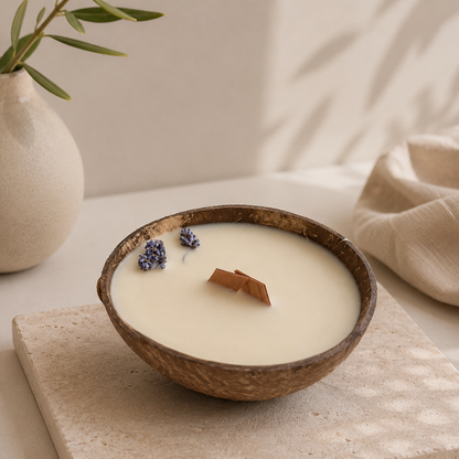 A rustic coconut bowl candle filled with creamy beeswax & coconut wax, styled on a stone tile with dried lavender buds and a wooden wick. The scene is set in a warm, softly lit room with a textured ceramic vase containing green leaves and a beige linen cloth in the background.