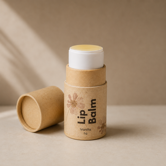 Lip balm with a cardboard container on a beige background
