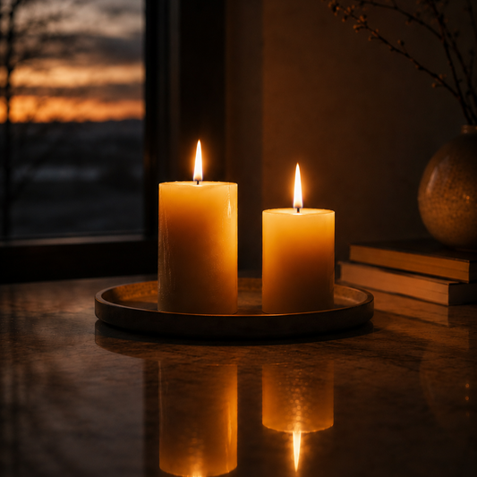 Two lit candles on a wooden surface with a sunset view through a window.