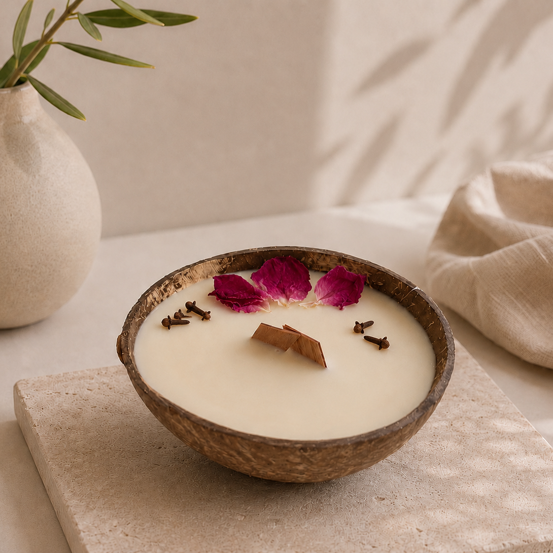 A round coconut bowl filled with a creamy beeswax and coconut wax candle, decorated with two pink flower petals and a few cloves, with a wooden wick, set on a stone tile with a beige linen cloth and a small vase in the background.