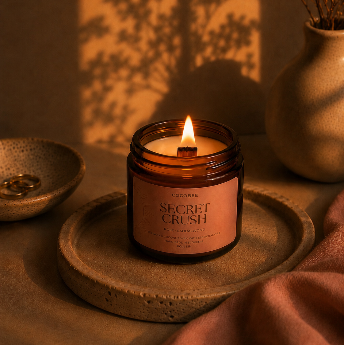 Candle labeled 'Secret Crush' on a textured surface with decorative elements.