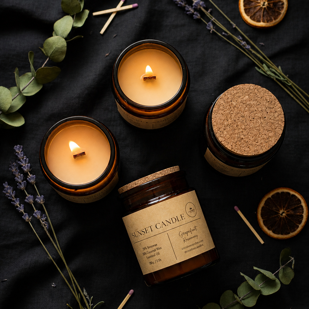Two lit candles and a jar of candle wax on a dark fabric background with dried herbs and leaves.