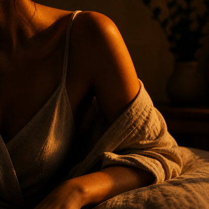Person wrapped in a towel in a dimly lit room