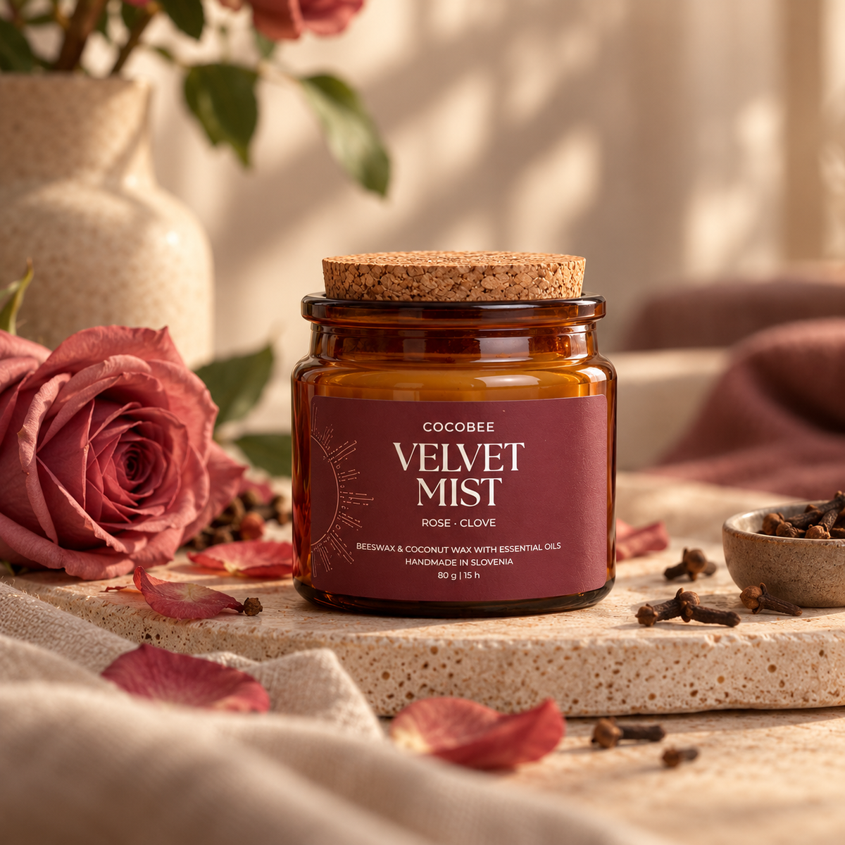 A Cocobee 'Velvet Mist' rose clove candle in an amber glass jar with a cork lid, styled on a stone tray with a rose, cloves, and soft neutral fabrics.
