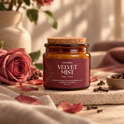 A Cocobee 'Velvet Mist' rose clove candle in an amber glass jar with a cork lid, styled on a stone tray with a rose, cloves, and soft neutral fabrics.