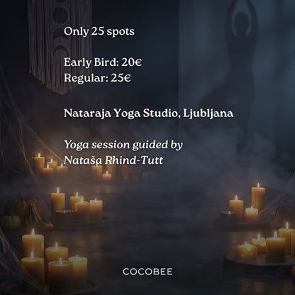 Promotional graphic for a yoga session at Nataraja Yoga Studio in Ljubljana, featuring a dark, atmospheric background with floating candles, a moon goddess wall hanging, and a faint yoga pose silhouette. Text details pricing and booking, with the brand name COCOBEE at the bottom.