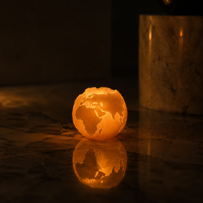 Globe-shaped beeswax candle on a reflective surface with a dark background