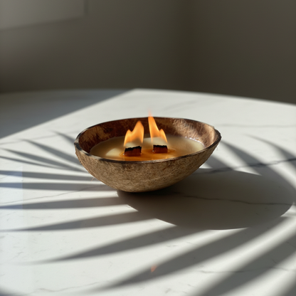 Wood wick scented candle in a coconut shell.  Beeswax & Coconut Wax - CocoBee.