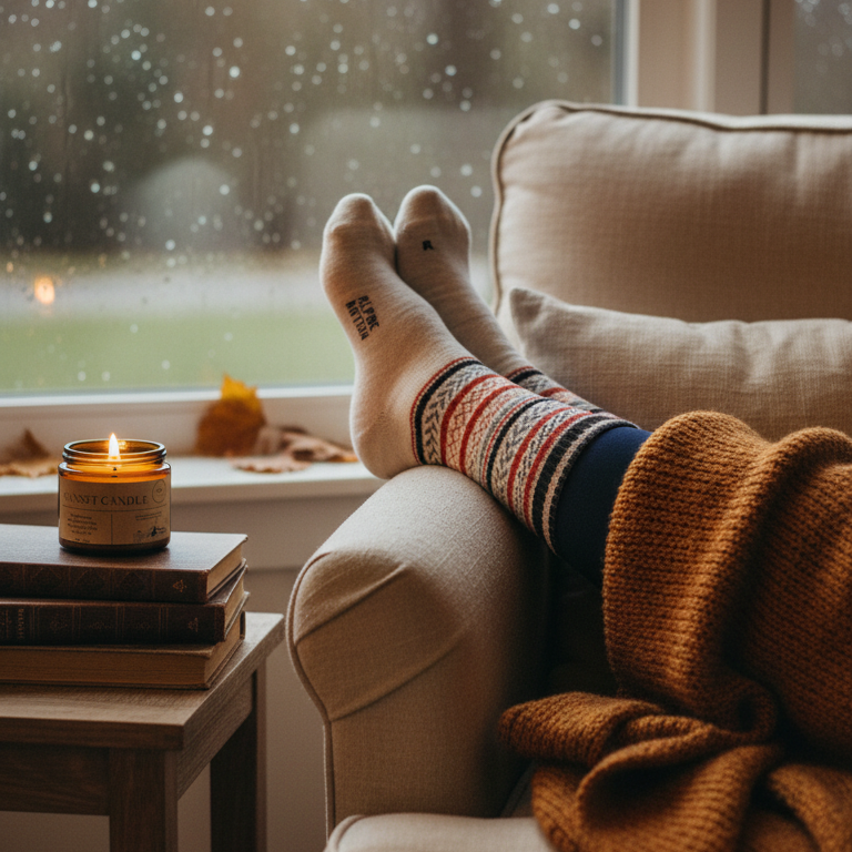 Person relaxing with feet up on a couch by a window with rain outside, wearing patterned socks and a lit candle.