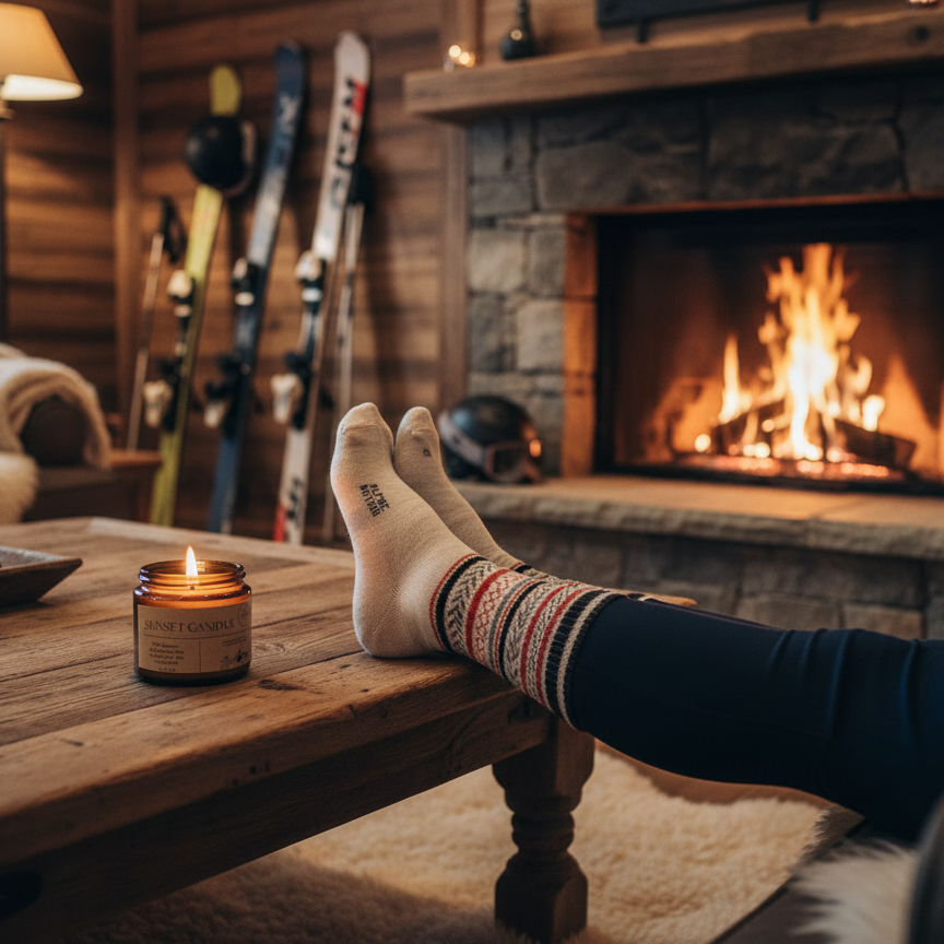Person relaxing with feet up in merino socks by a fireplace with a lit candle on a wooden table.