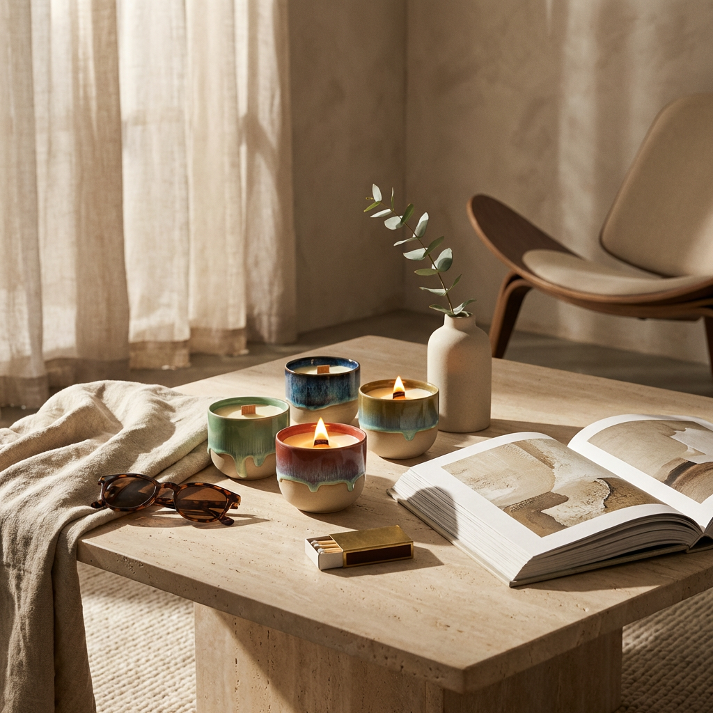 Ceramic candles on a wooden table with an open book and a plant in the background.