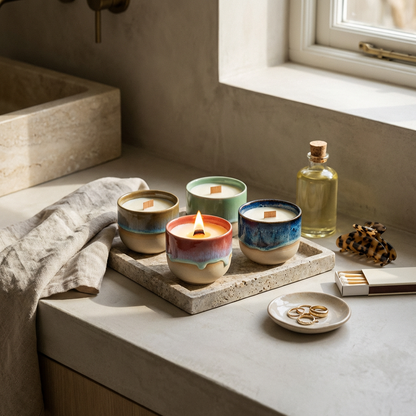 Ceramic candles with colorful tinsel on a stone surface near a window.