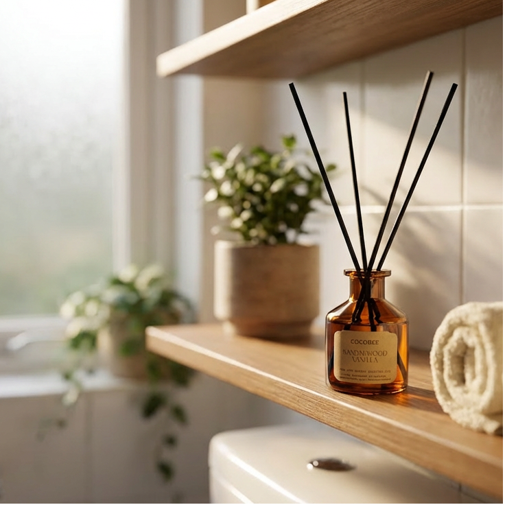 Bathroom shelf with diffuser, towels, and plants near a window