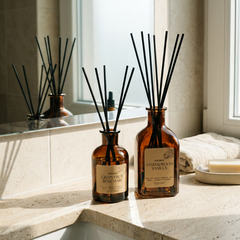 Brown diffuser bottles with labels on a bathroom counter near a window.