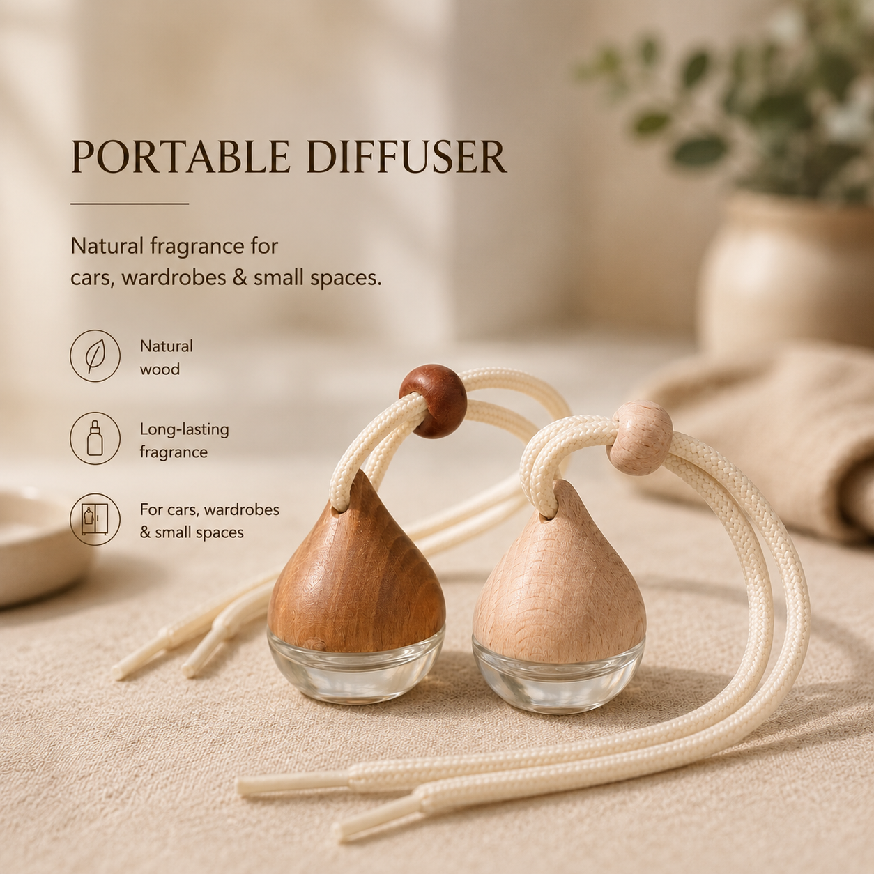Portable wooden diffuser with two teardrop-shaped glass bottles, natural wood tops, cream cords, and a small wooden bead, shown on a beige fabric surface with product text and a softly blurred background.