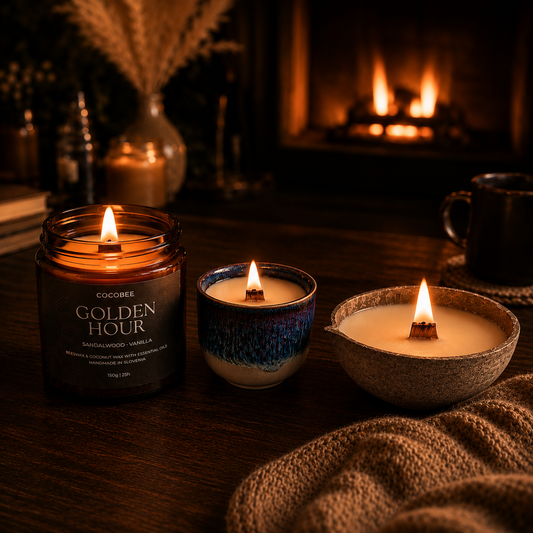 Three lit candles on a wooden surface with a fireplace in the background
